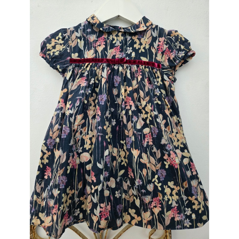 Marie Chantal Floral Dress Girl's 24M Peter Pan Collar‎ Velvet Trim Navy
